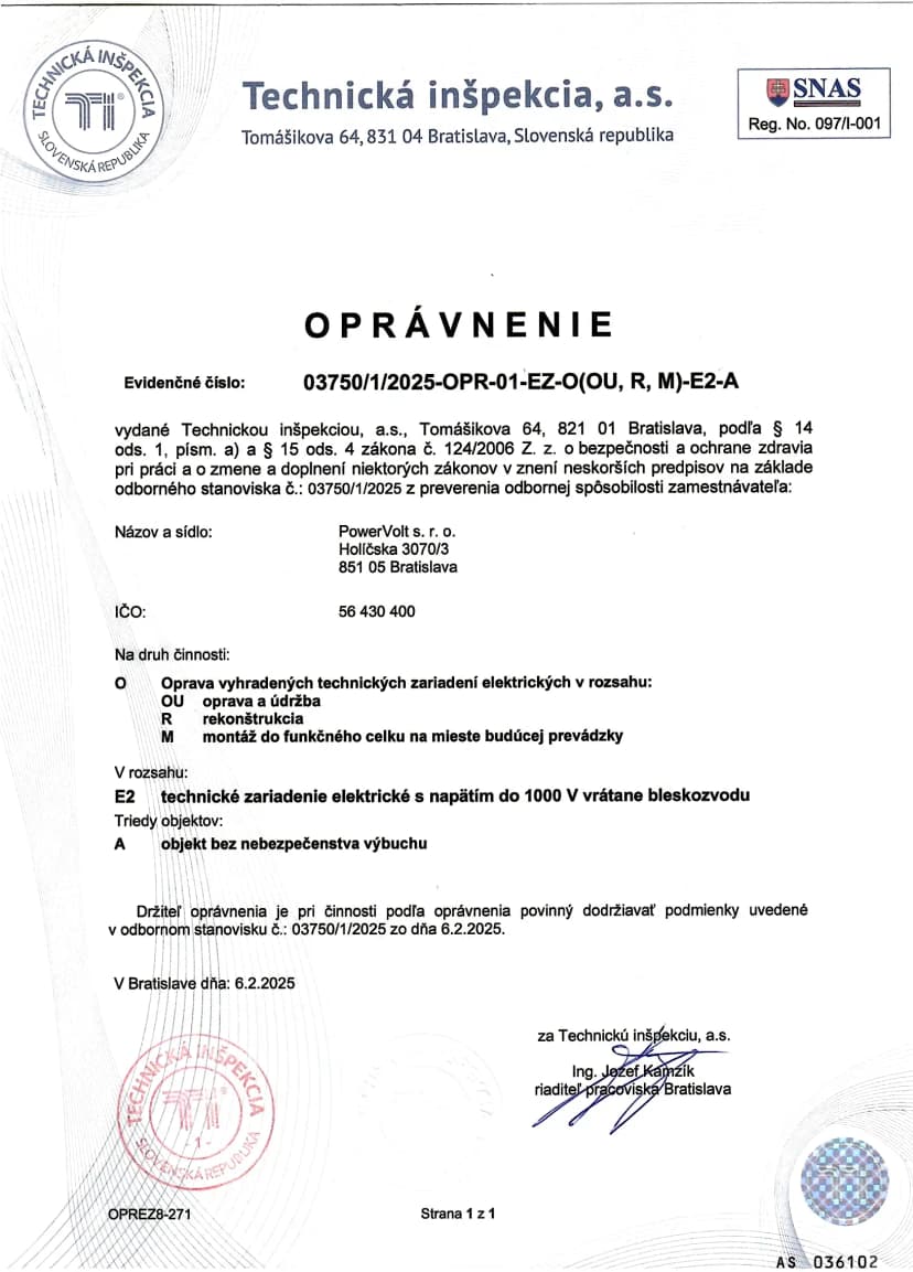 Certifikovaná revízia elektroinštalácie vo Svätom Jure