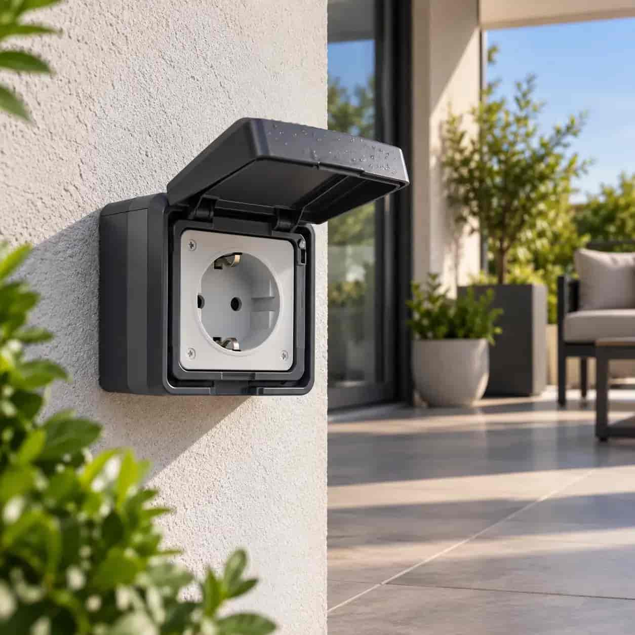 Vonkajšia elektrická zásuvka s krytím IP44 na terase rodinného domu